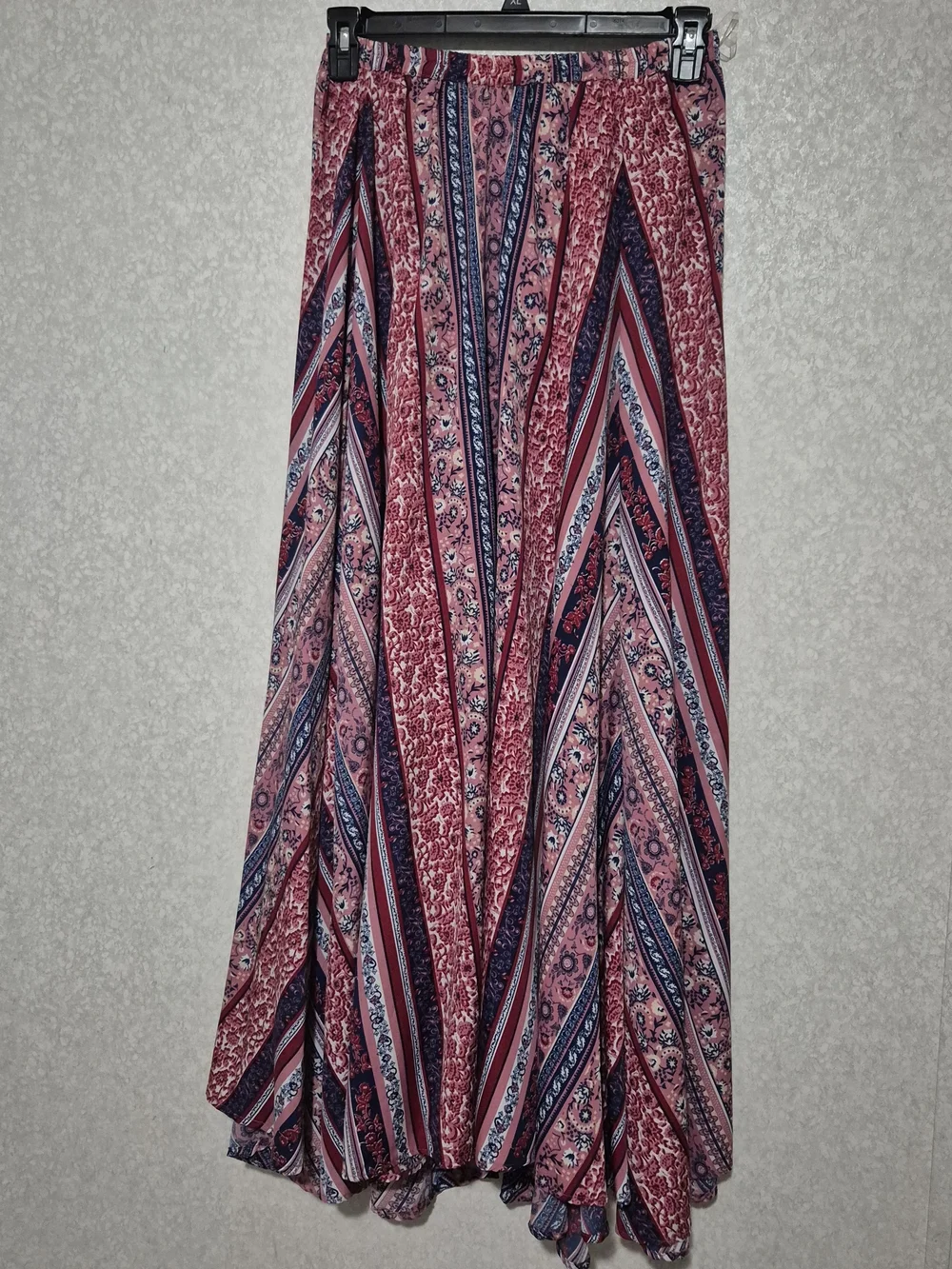 Bohemian Pink Patterned Maxi Skirt with Navy Accents